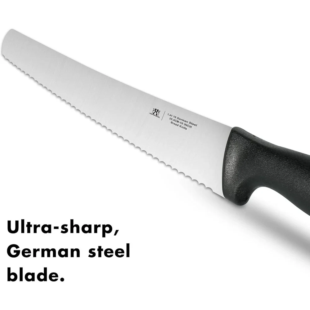 HUNTER.DUAL 10in Serrated Bread Knife German Steel Sourdough Slicer Black
